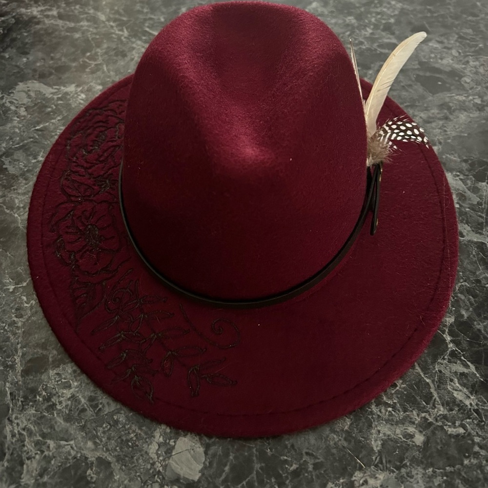 Elegant Burgundy Women's Hat with Feather Accent
